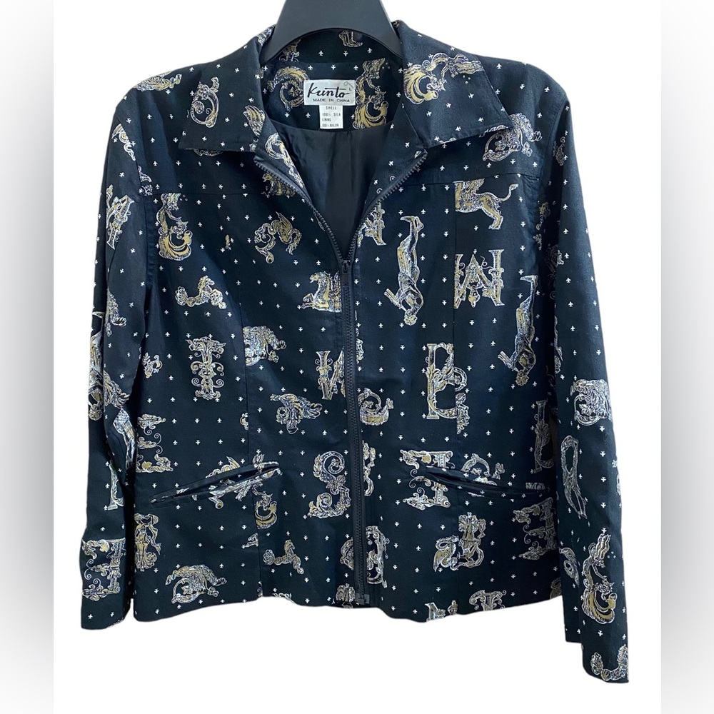 Kunto Silk Zip Front Top Jacket Letters Mythical Roman Black & Gold Size Large